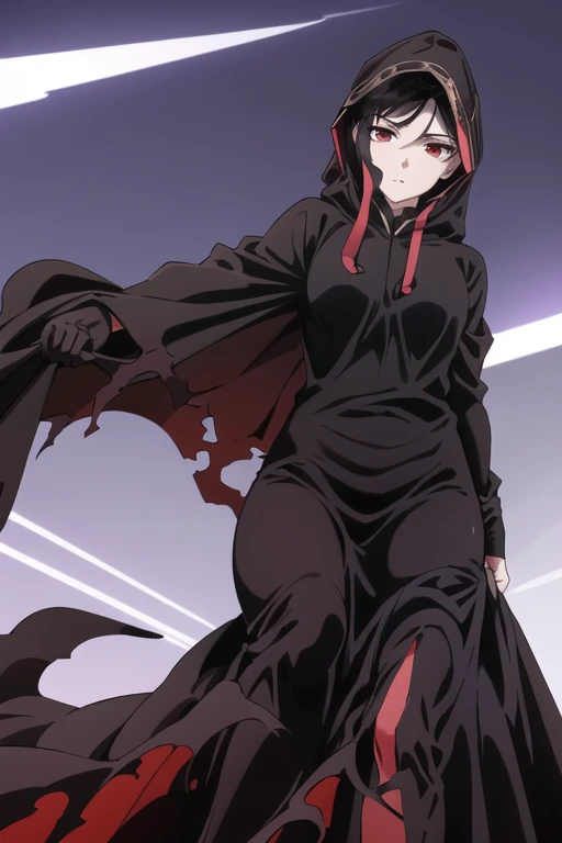 NNAssassinFSF, 1girl, solo, black hair, red eyes, long cape sleeves, sleeves covered hands, no hands, dress, long cape, cape, black cloak, hood up, black robe, covered mouth, hooded cloak, ((masterpiece, best quality)) rooms, bedroom, from below