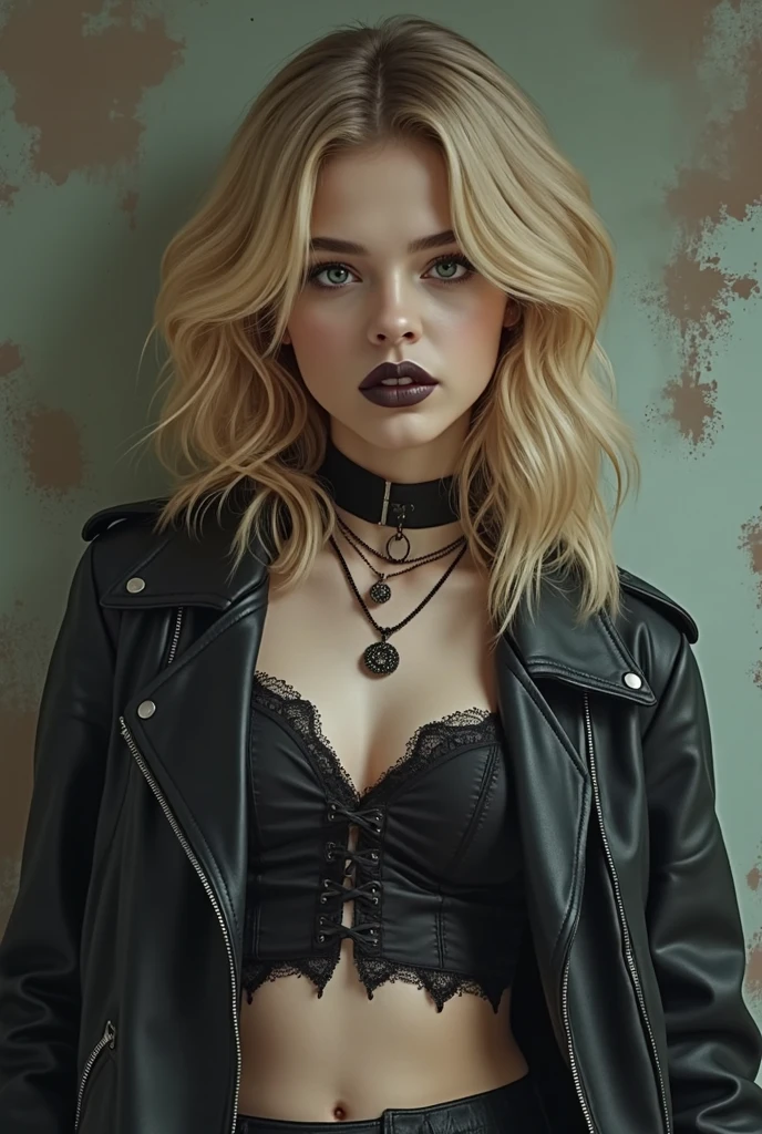 An extremely detailed digital painting of an enigmatic young woman in her late teens portrayed by a young Chloe Grace Moretz with pale skin blonde hair and piercing green eyes accentuated by dark gothic makeup and full lips colored in a muted black shade wearing black punk clothing with gothic makeup in a post apocalyptic scene with a look on her face that is somewhere between inviting and alluring and sinister and mischievous centered in the frame. Her blonde hair flows down her back in voluminous waves, styled in a slightly tousled manner that adds dynamism to the portrait. The lighting is soft and diffused, casting subtle shadows and highlights that emphasize her facial features and the texture of her clothing while maintaining a somber mood. The background consists of dark, textured brushstrokes in shades of forest green and charcoal gray, which enhance the overall mysterious atmosphere without drawing attention away from the subject. The color palette includes deep blacks, pale porcelain whites, and accents of olive green, chestnut brown, and midnight blue, contributing to the apocalyptic aesthetic. The composition centers on the character's intense gaze, creating a captivating portrait with an alluring and sinister expression.