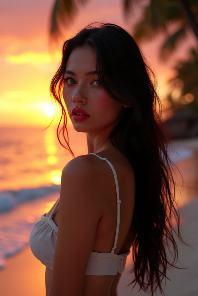 Imagine a scenario on the balcony of an apartment on the coast, where a thirty-year-old Brazilian woman stands out. Her long, elegant black hair falls over her shoulders, catching the last rays of the day's sun. naked complements her tropical beauty, she exudes natural elegance. Her full, red lips convey an aura of confidence and allure. As you look at the horizon, the golden tones of the sunset are reflected in your eyes, bringing a special shine to your serene expression. This woman embodies the essence of Brazilian beauty, combining grace and vigor. Its presence on the balcony, with the sea as a backdrop, evokes a feeling of tranquility and admiration for nature. Your portrayal as a model should capture not only her stunning appearance, but also the calm and serenity she radiates, immersed in the enchanting coastal atmosphere.