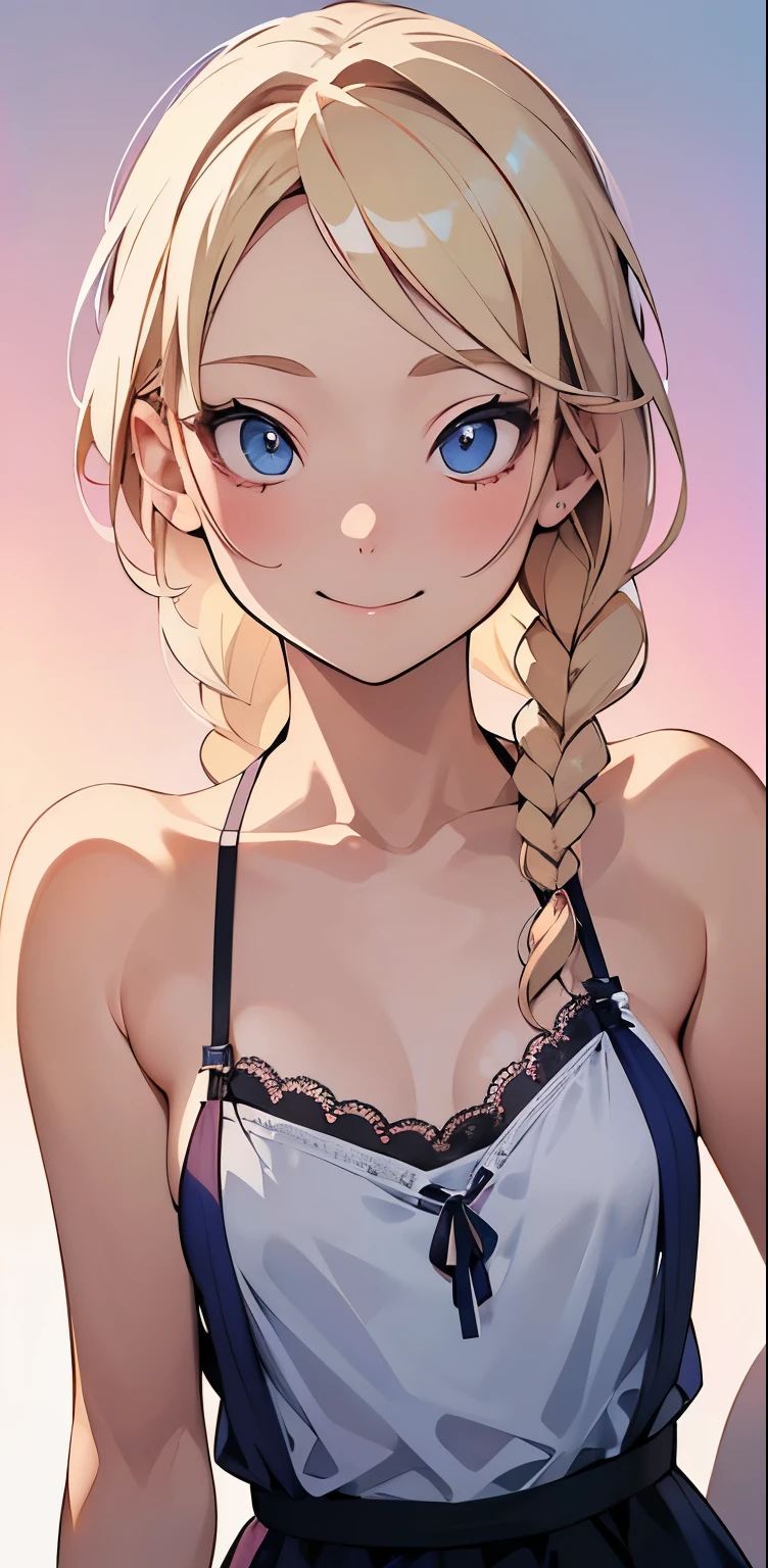 Realistic、1house wife、blonde hair、braid、blue eyes、(eye focus:1.3,face focus,upper body),(gradient eyes:1.3),(camisole sexy panties
)、(forced smile:1.3),single braid,cute face、(tareme:1.3),(small breasts:1.3),