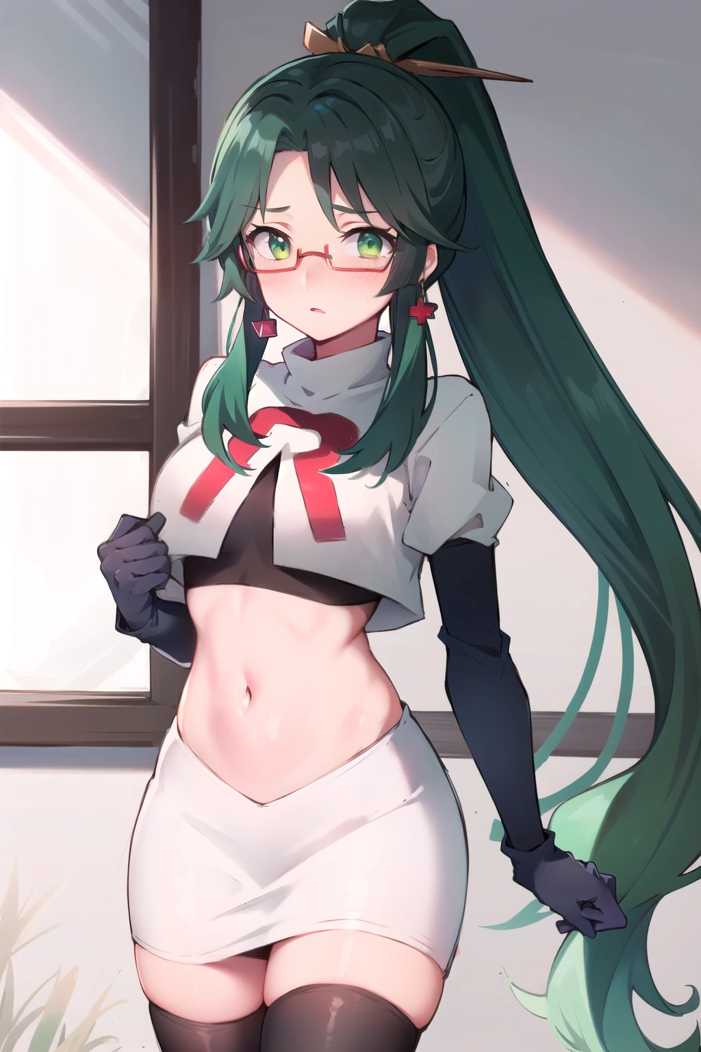  masterpiece, best quality, anime, highly detailed face, perfect lighting, long hair, ponytail, multicolored hair, black hair, bangs, glasses, semi-rimless eyewear, earrings, green hair, hair ornament, jewelry, red-framed eyewear, green eyes, team rocket,team rocket uniform,white skirt,red letter R,crop top,black thigh-highs,black elbow gloves, embarrassed, blush,