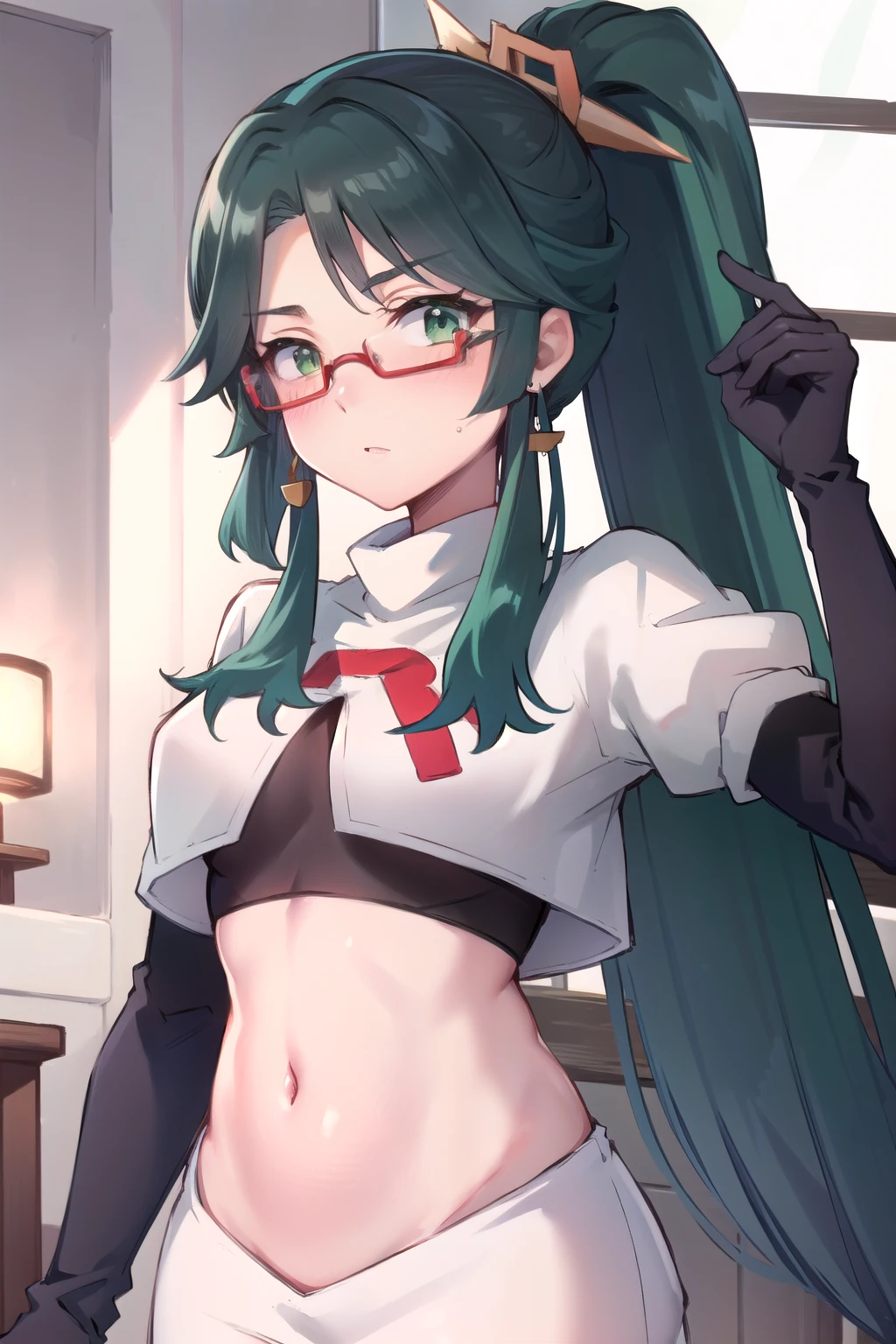  masterpiece, best quality, anime, highly detailed face, perfect lighting, long hair, ponytail, multicolored hair, black hair, bangs, glasses, semi-rimless eyewear, earrings, green hair, hair ornament, jewelry, red-framed eyewear, green eyes, team rocket,team rocket uniform,white skirt,red letter R,crop top,black thigh-highs,black elbow gloves, embarrassed, blush,