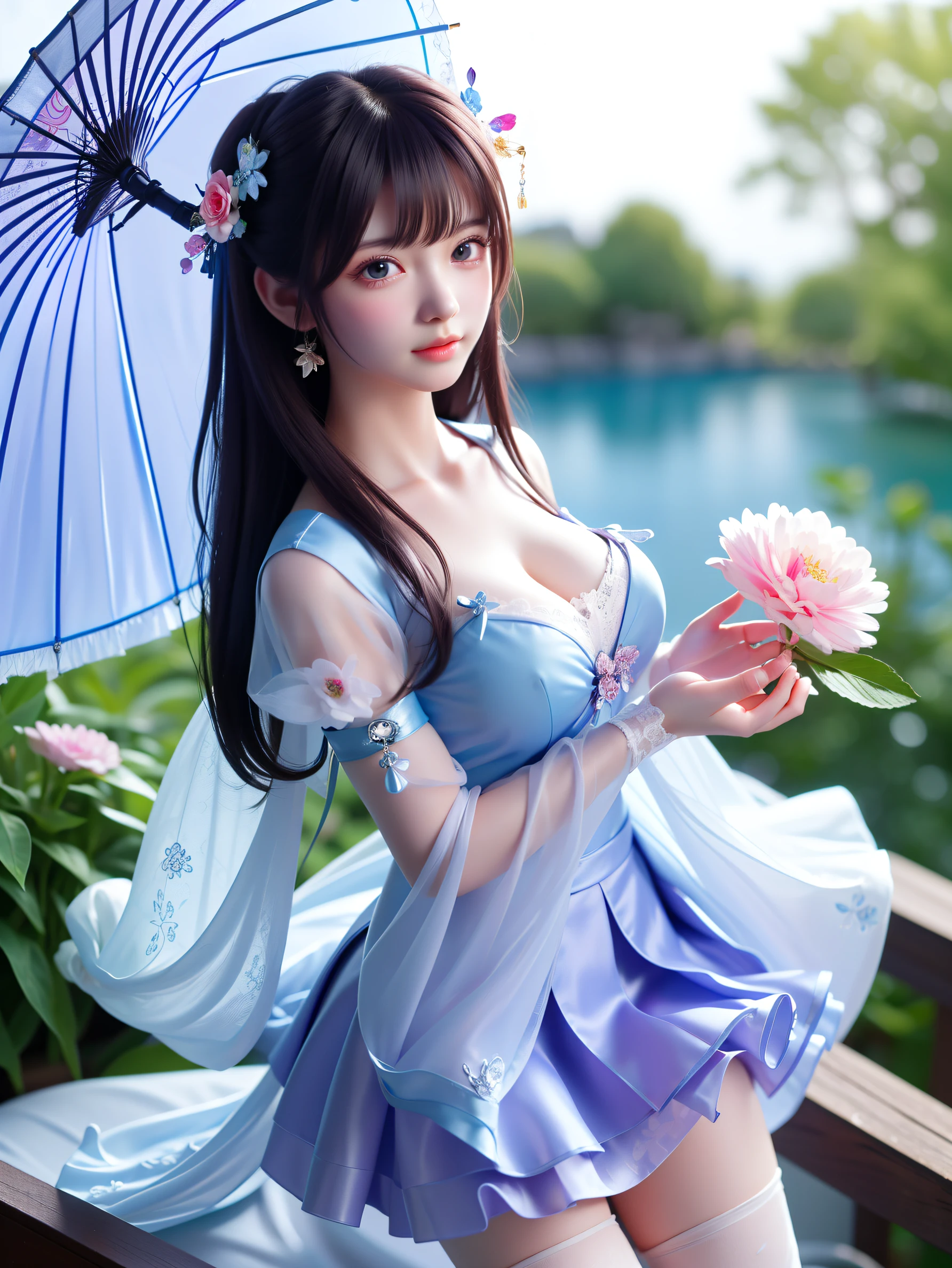 nsfw, sexy stylish Thai model, only 1 female, ((doll-like appearance)), short lilac stylish hair, ((shiny Victorian-Style boots)), (big smile), ultra detailed eyes, vivid eye makeup, lipgloss, long lashes, defined eyebrows, ((sexy Paradise Kiss cosplay)), bell-shaped skirt, petticoats, high neckline, puffed sleeves, ((ultra detailed lace)), ((ultra detailed embroidery)), intricate details, Paradise Kiss accessoires and matching headpiece, choker, ((large sparkling Paradise Kiss jewelry)), cinematic light, detailed large park background with trees