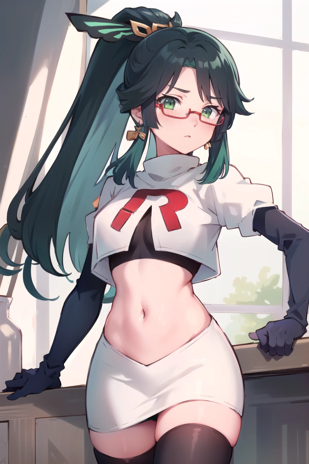  masterpiece, best quality, anime, highly detailed face, perfect lighting, long hair, ponytail, multicolored hair, black hair, bangs, glasses, semi-rimless eyewear, earrings, green hair, hair ornament, jewelry, red-framed eyewear, green eyes, team rocket,team rocket uniform,white skirt,red letter R,crop top,black thigh-highs,black elbow gloves, embarrassed, blush,