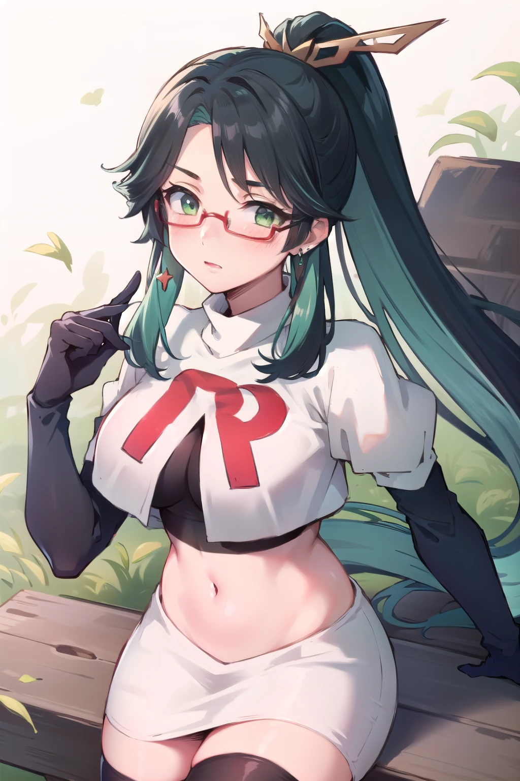  masterpiece, best quality, anime, highly detailed face, perfect lighting, long hair, ponytail, multicolored hair, black hair, bangs, glasses, semi-rimless eyewear, earrings, green hair, hair ornament, jewelry, red-framed eyewear, green eyes, team rocket,team rocket uniform,white skirt,red letter R,crop top,black thigh-highs,black elbow gloves, embarrassed, blush,