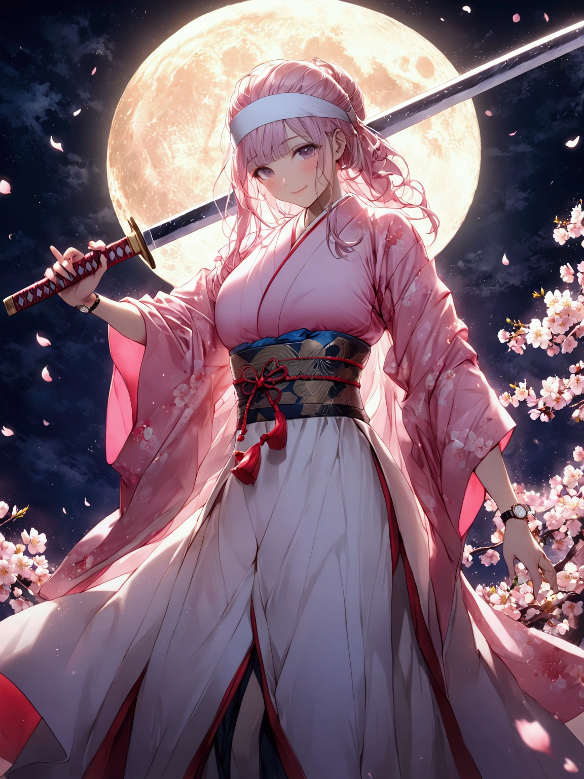 1 female,Old Japanese Female Warrior 、Female warlord、Warrior Princess、War Goddess、古い日本の鎧、(((Clothing)))、White headband、smile、Holding an old Japanese sword、Get Ready(((Night Sky)))、(((cherry blossoms)))、(((moon)))、「 best quality、masterpiece、  illustration without a face 、 is so delicate and beautiful、 very detailed、CG、8k wallpaper、 amazing、 details、masterpiece、最高の究極の芸術 very detailed CG Unity 8k wallpaper」、((( watch viewers)))、milk