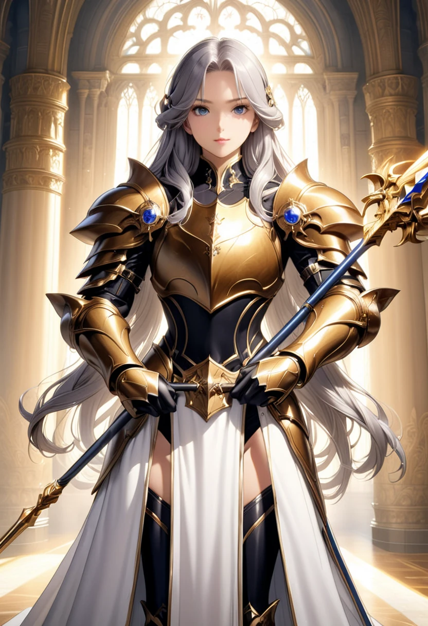 (solo),1girl,anime face,Azur Lane style,cowboy shot,A beautiful face with perfect makeup,Curvy body,stifled laugh,((Luxurious and majestic royal knight armor high leg leotard)),((matte black high leg body suit)),((large golden shoulder armor)),(breastplate:1.3),(zettai ryouiki white thigh high boots),((black pantyhose)),((gray hair long straight hair:1.2)),(layered long cloak),Huge voluminous saggy breasts,gauntlet, vambrace,He has a spear in his hand,Use a spear as a weapon,Cross spear, goldsmith spear, sharp point, long handle,fitted bodice,big hair ribbon,Long middle parted voluminous bangs,white dress elbow gloves,cleavage,beautiful blue eyes,perfectly accurate hand,perfect fingers,long glove,greeting,The Royal Palace's Great Hall,beautiful lighting,masterpiece,highest quality,8k,Ultra-detailed anime style,(cameltoe: 0.8),