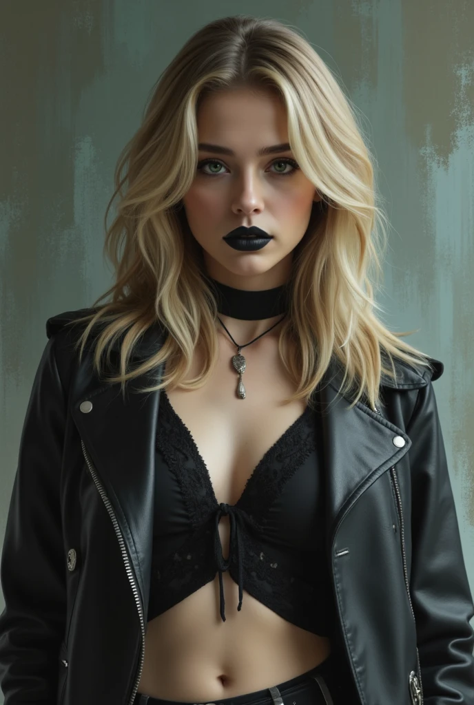 An extremely detailed digital painting of an enigmatic young woman in her late teens portrayed by a young Chloe Grace Moretz with pale skin blonde hair and piercing green eyes accentuated by dark gothic makeup and full lips colored in a muted black shade wearing black punk clothing with gothic makeup in a post apocalyptic scene with a look on her face that is somewhere between inviting and alluring and sinister and mischievous centered in the frame. Her blonde hair flows down her back in voluminous waves, styled in a slightly tousled manner that adds dynamism to the portrait. The lighting is soft and diffused, casting subtle shadows and highlights that emphasize her facial features and the texture of her clothing while maintaining a somber mood. The background consists of dark, textured brushstrokes in shades of forest green and charcoal gray, which enhance the overall mysterious atmosphere without drawing attention away from the subject. The color palette includes deep blacks, pale porcelain whites, and accents of olive green, chestnut brown, and midnight blue, contributing to the apocalyptic aesthetic. The composition centers on the character's intense gaze, creating a captivating portrait with an alluring and sinister expression.