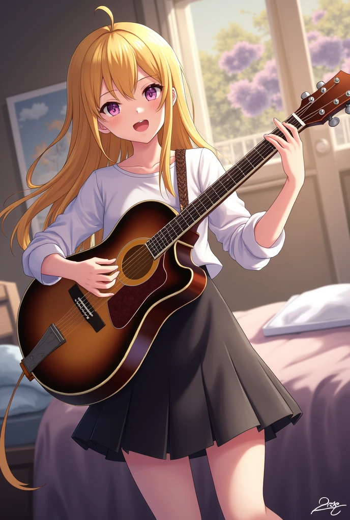 A blonde girl with a black short skirt is playing her Virginia