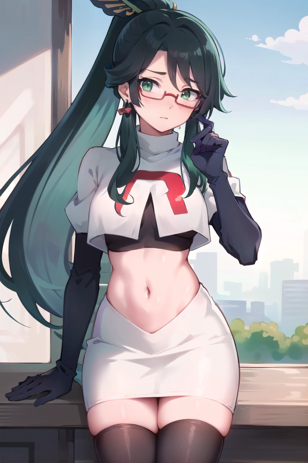  masterpiece, best quality, anime, highly detailed face, perfect lighting, long hair, ponytail, multicolored hair, black hair, bangs, glasses, semi-rimless eyewear, earrings, green hair, hair ornament, jewelry, red-framed eyewear, green eyes, team rocket,team rocket uniform,white skirt,red letter R,crop top,black thigh-highs,black elbow gloves, embarrassed, blush,