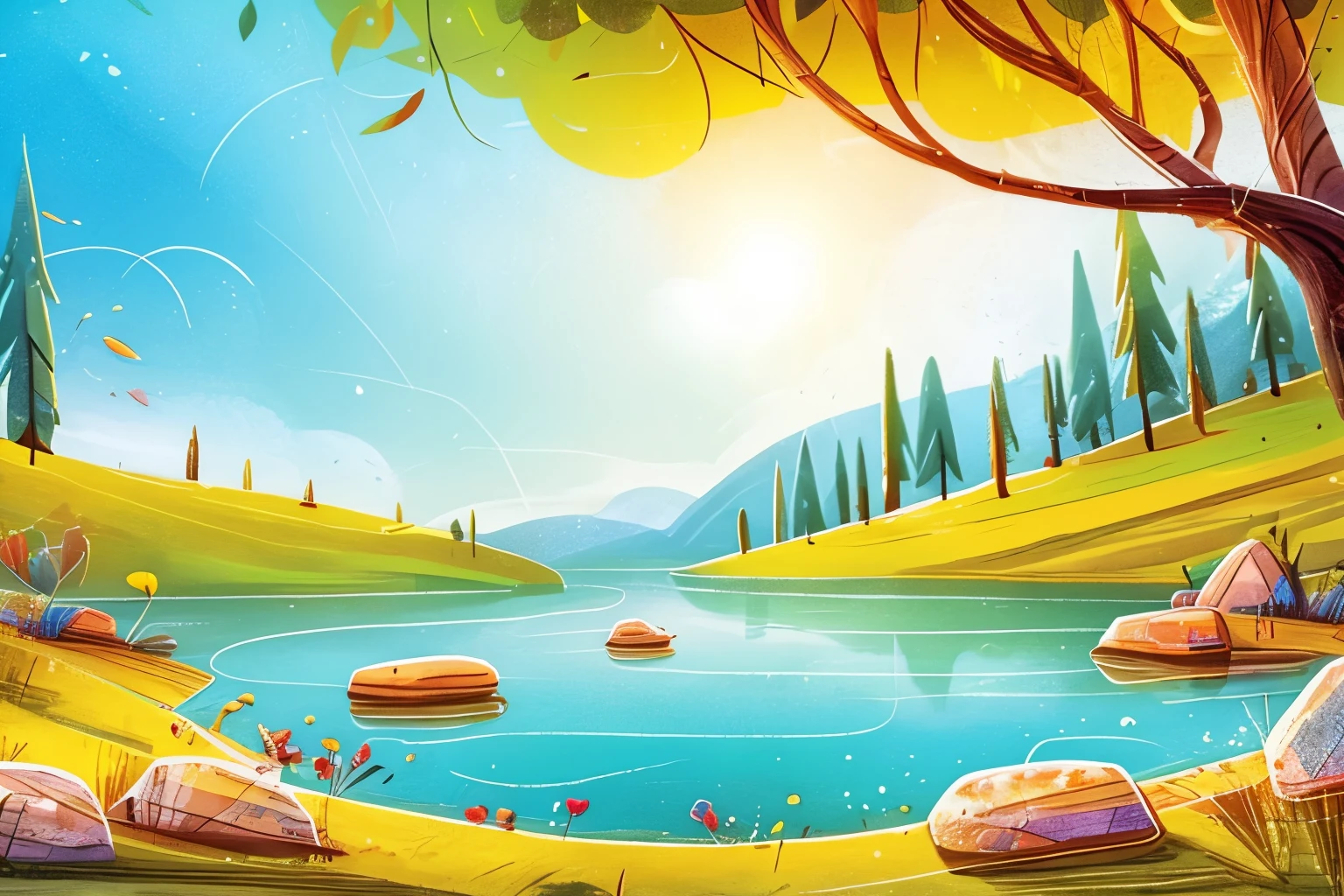 little lake, forest, day, sun, sky, grass, rocks at the lakeside