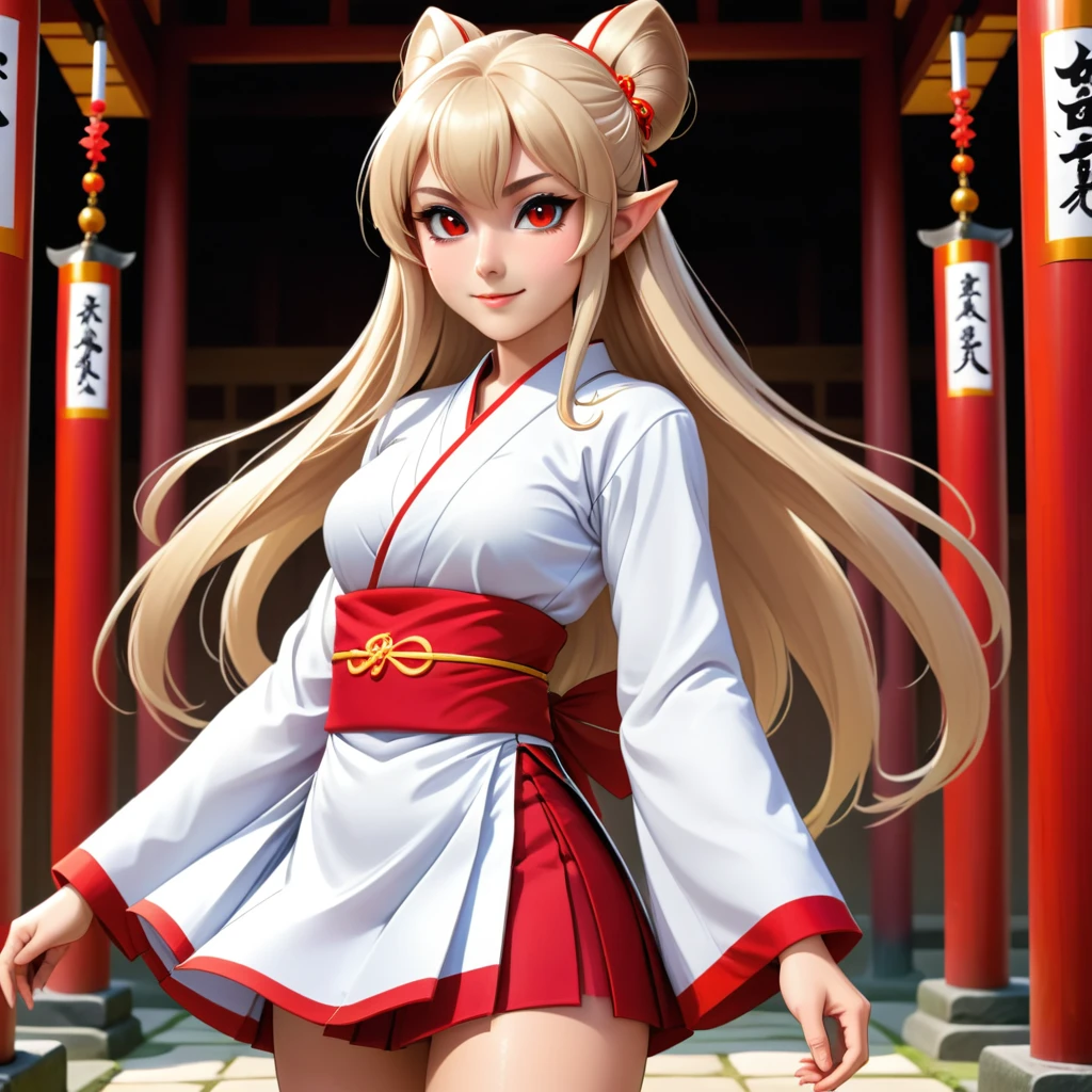 smile,
1girl,solo,blonde hair,very long hair,pointy ears,twin drills,red eyes,solo,ahoge,elf,drill hair,hair between eyes,bangs,hair intakes,hair behind ear,shrine maiden,japanese clothes,detached sleeves || hakama short skirt || bottomless,no panties,ofuda on pussy,maebari,, Exquisite visuals, high-definition,masterpiece,best quality,, 18yo,Young female,Beautiful Fingers,Beautiful long legs,Beautiful body,Beautiful Nose,Beautiful character design, perfect eyes, perfect face,expressive eyes,
official art,extremely detailed CG unity 8k wallpaper, perfect lighting,Colorful, Bright_Front_face_Lighting,shiny skin, 
(masterpiece:1.0),(best_quality:1.0), ultra high res,4K,ultra-detailed,
photography, 8K, HDR, highres, absurdres:1.2, Kodak portra 400, film grain, blurry background, bokeh:1.2, lens flare, (vibrant_color:1.2), (beautiful_face:1.5),(narrow_waist), ,NSFW,