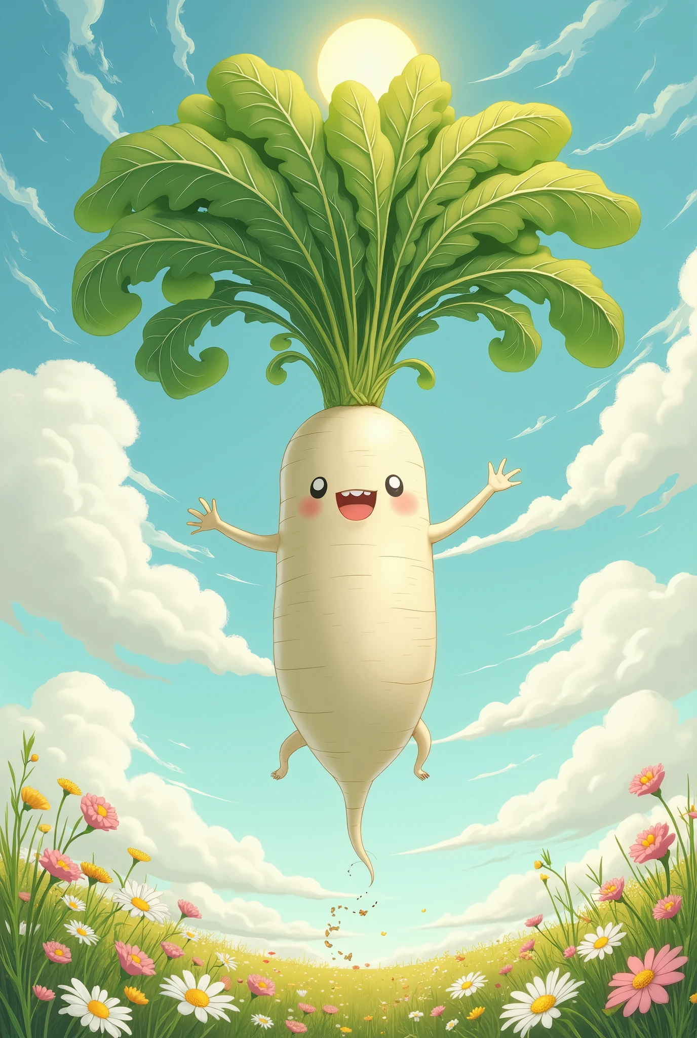 intricate detailed,. 
Illustration of Japanese white radish, digital art, long radish, happily spinning leaves in the air, helicopter wings made of leaves, leaves spinning to gain buoyancy, swirling clouds, sun, tranquil landscape below, flower field.