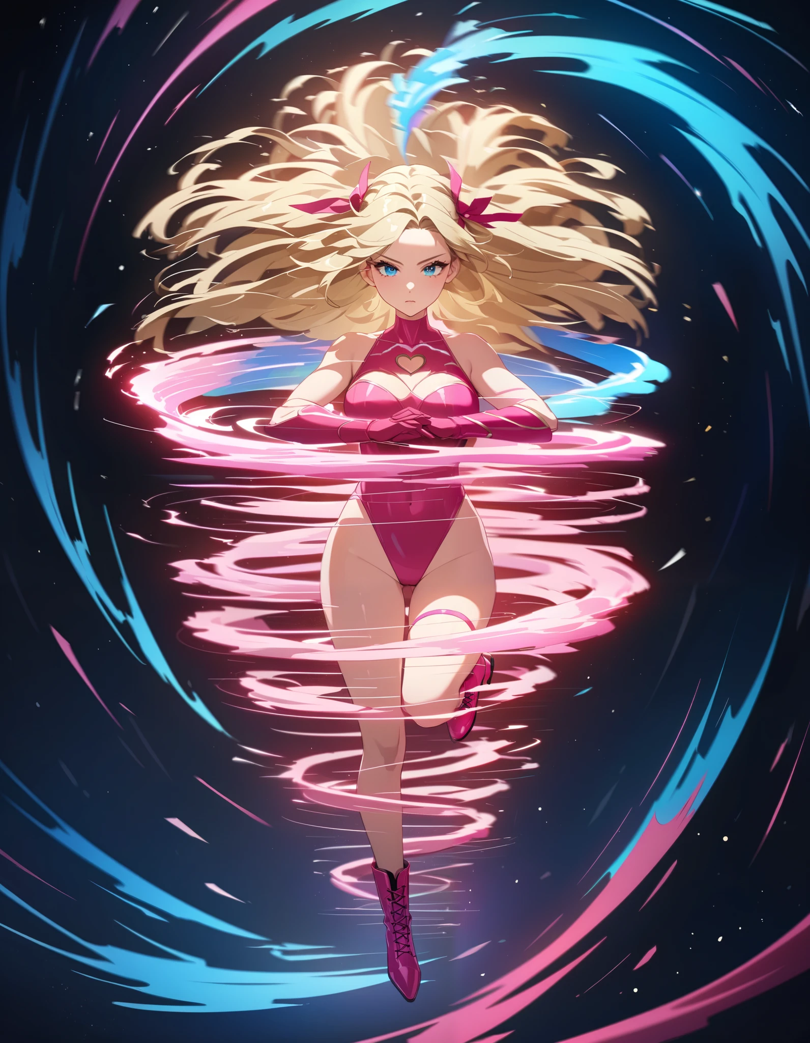 ((masterpiece)), ((best quality)), ((high res)), 1girl, solo, solo focus, (leotard, perfect leotard, pink leotard, sleeveless, bare legs), matching boots, looking at the viewer, blue sky backdrop, perfect hands, complete fingers, perfect anatomy, perfect proportions, medium breasts, (blonde hair, long hair, mid-length hair, hair down, bangs), knee boots, blue eyes, beautiful detailed eyes, beautiful detailed face, cute face, ((cleavage heart cutout)), pink gloves, pink footwear, superhero, heroic, (spread arms, spins in place like a tornado, she spins at an incredible speed, creating a whirlwind of air around her, spiral lines around, cyclone cloud around, tornado spinning), full body with costume
