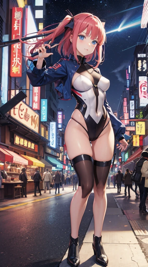 A beautiful woman in gal makeup wearing a uniform in the bustling city of Gintama, Surrounded by sellers, Beautiful portrait of a stunning goddess girl, Beautifully detailed face, Porcelain-like skin, Half Body Shot, Centered,(He is black,belly button:1.2),((moonlight,night,Big neon,Strong neon lighting,Rim Light,Two-tone lighting))),