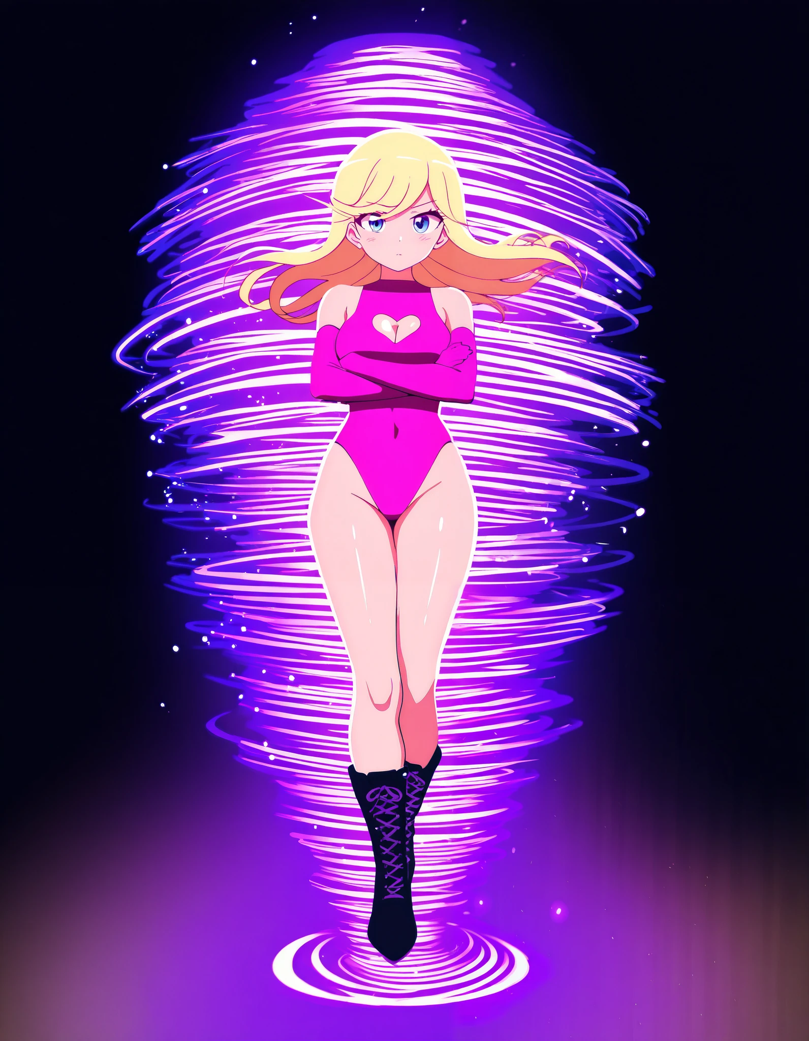 Masterpiece, best quality, high res, 8k, A stylized anime character design featuring a young, attractive female character with long, flowing, golden-blonde hair and bright blue eyes. She wears a sleek, form-fitting, pink one-piece leotard with a heart-shaped cutout near the chest area. Her outfit includes matching pink gloves, knee-high lace-up boots, and black accents on the suit and gloves. Bare legs. Superhero. (fast spin, dynamic whirl pose, spins fast in place like a tornado, whirls fast in place like a tornado, tornado whirling, spiral lines around her, speed lines around her, spinning energy pulse around her, storm winds around her, whirls into a tornado, (she whirls) at (super speeds)). full body costume design. she super-spins, whirlwind, light particles—space background. Standing straight, crossed arms.