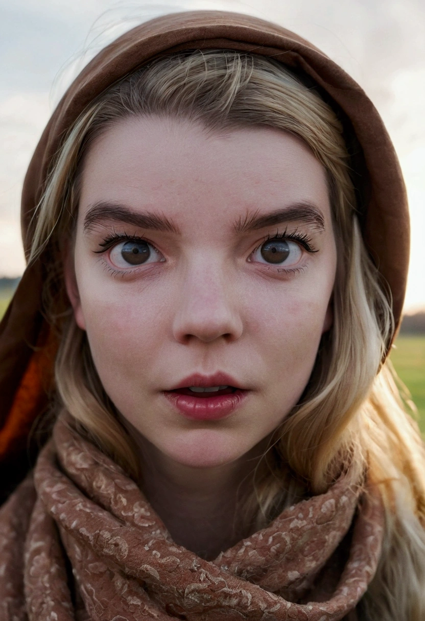 "****ung woman, ((Anya Taylor joy,)) in a scene from "the witch", with a scarf tied on her head covered, clothing of the time, inquisition, "salem";
yelling in front of the camera. fisheye camera angle,"Thomasin" anger, feeling, mouth too open, twisted, up and to the side, angry look, I almost cried, tears, rage, background, farm, environment, sky, dawn, atmosphere, mysterious, photo realistic, good lighting, best masterpiece, 8k"