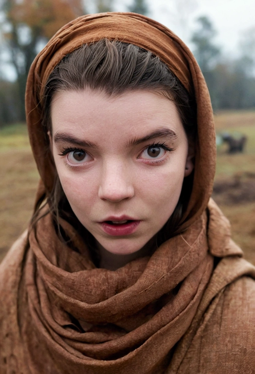 "****ung woman, ((Anya Taylor joy,)) in a scene from "the witch", with a scarf tied on her head covered, clothing of the time, inquisition, "salem";
yelling in front of the camera. fisheye camera angle,"Thomasin" anger, feeling, mouth too open, twisted, up and to the side, angry look, I almost cried, tears, rage, background, farm, environment, sky, dawn, atmosphere, mysterious, photo realistic, good lighting, best masterpiece, 8k"