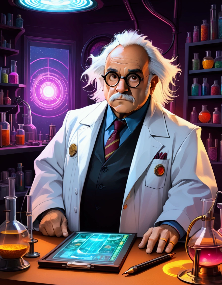 cartoon of a man in a white coat and glasses standing in a room, cyberpunk old man, he is in a alchemist lab, mad scientist, portrait of professor sinister, mad scientist working, elite scientist, danny devito as dr. eggman, inspired by Barclay Shaw, harry potter in cyberpunk, by Randy Gallegos, full color illustration, moebius comic stylet