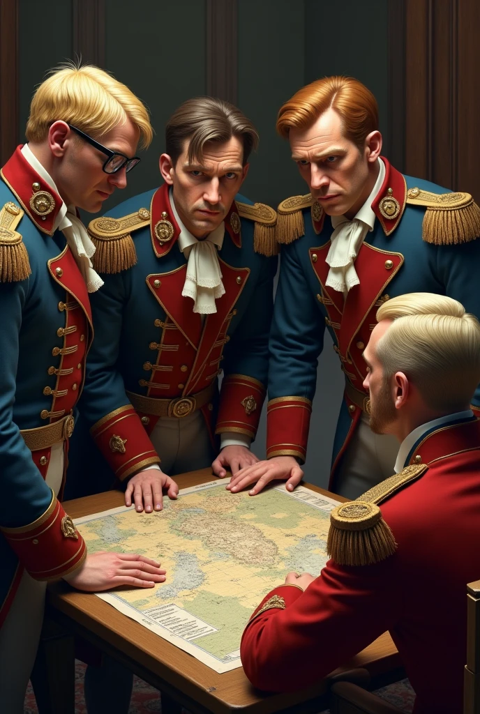 (highest resolution, distinct_image) Best quality, group of men, masterpiece, highly detailed, in military uniform, hat, sitting, round conference table, office, conference hall, desk, full body photo