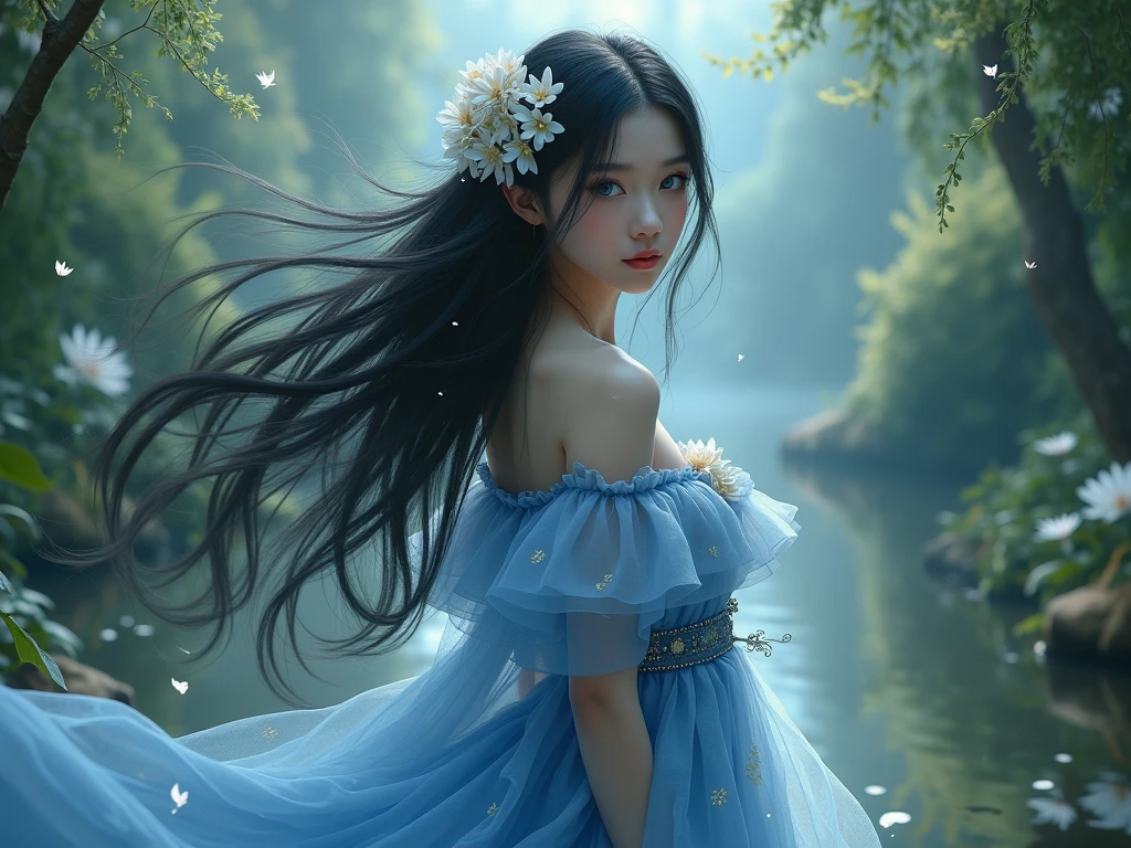 Dressed in a silk long skirt fairy fluttering underwater beauty, gentle classical beauty, hair like a waterfall, moist eyes, a glance for ten thousand years

Exquisite facial details, light scattering, foam rotation, dramatic linear beauty, shot with Sony Aii high-resolution digital camera, surreal skin, very natural features

Goose yellow, white, chalcedony green