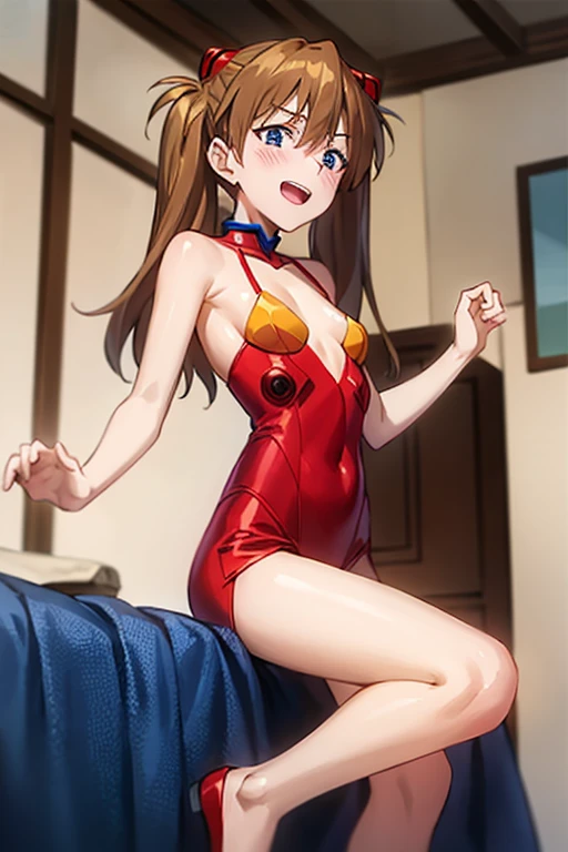 (( best quality)), ((masterpiece)), (be familiar with),  perfect face, indoor, bedroom,  watching viewers ,
One woman,  Soryu Asuka Langley ,
 characters with open mouth ,  ecstatic expression with hands in front of body, blush, smile,
Small breasts,  flat chested, Young girl, Lori,  s,  girl,
 long hair,  twin tails,
Leg spread,