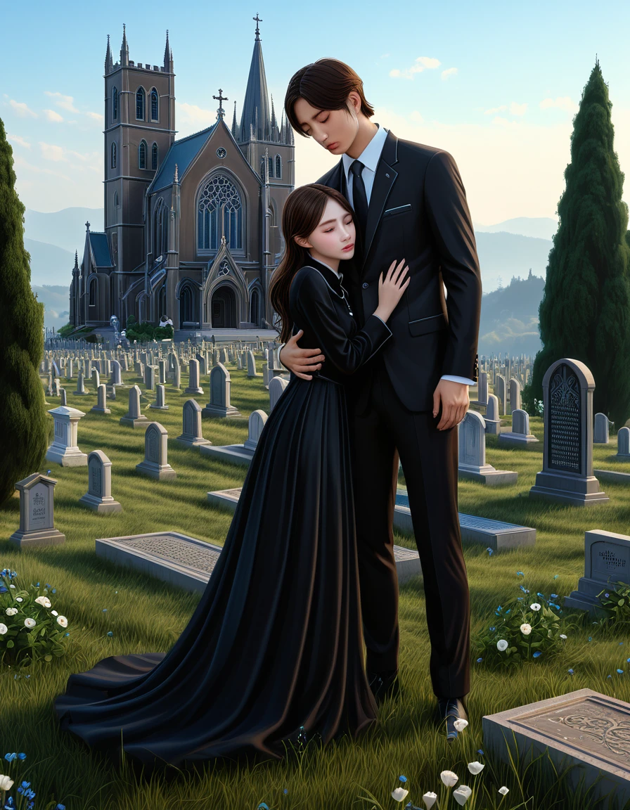 ( 3D girl with blue eyes ,  brown long hair ,  in black modern fashionable long beautiful funeral dress leaning over the grave cries, tears running down my cheeks,)))  hugs ((Korean man with brown eyes and brown short hair)), in a black formal suit and a black silk shirt in the foreground, a large castle with a cemetery ,  ecological gothic scene ,  3D rendering and oil painting , photorealistic dark concept art ,  highly realistic concept art,  3d matte painting rendering , gothic church background ,  highly detailed matte painting ,  cathedral background ,  game art matte painting ,  oil painting in high detail, hyperdetailed 3D matt painting 