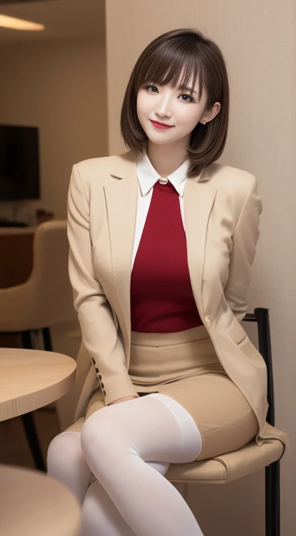  on the Table ,  best quality, Illustration,  super detailed,  details,  high definition , 8k wallpaper, Perfect dynamic composition,  Beautiful Delicate Eyes,  business suit, short hair， natural colored lips,  sit on a chair， crosses legs,smile、25-year-old female， red eyeshadow，Wearing beige stockings，