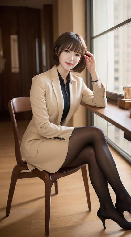  on the Table ,  best quality, Illustration,  super detailed,  details,  high definition , 8k wallpaper, Perfect dynamic composition,  Beautiful Delicate Eyes,  business suit, short hair， natural colored lips,  sit on a chair， crosses legs,smile、25-year-old female， red eyeshadow，Wearing beige stockings，