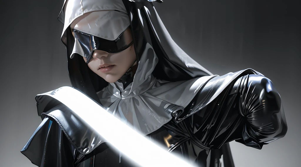 a nun in black and white armor, armor only covers chest and legs, covered in blood, golden eyes glowing under a translucent blindfold, soaked by the rain,(best quality,4k,8k,highres,masterpiece:1.2),ultra-detailed,(realistic,photorealistic,photo-realistic:1.37),highly detailed face and armor,intricate details,dramatic lighting,dark fantasy,moody atmosphere,dramatic pose,volumetric fog,cinematic composition