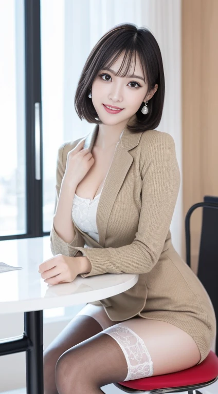  on the Table ,  best quality, Illustration,  super detailed,  details,  high definition , 8k wallpaper, Perfect dynamic composition,  Beautiful Delicate Eyes,  business suit, short hair， natural colored lips,  sit on a chair， crosses legs,smile、25-year-old female， red eyeshadow，Wearing beige stockings，(screw up_yokyno:1.3)