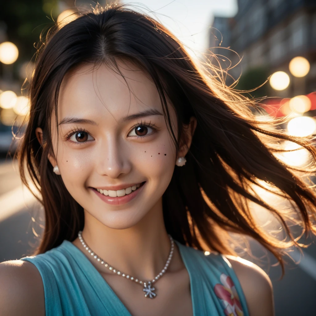 Beautiful young woman, intelligent and sophisticated Japanese girl. Hair in a bob, smile that exudes kindness and young power, one piece summer 2023. Medium-light, high speed shutter combined with modern photographic narrative action, ample lighting, clear focus, high quality, artistic, unique, award-winning photo, taken with Canon EOS 5D Mark IV DSLR camera, aperture f/8, ISO 200, shutter speed 1/250,