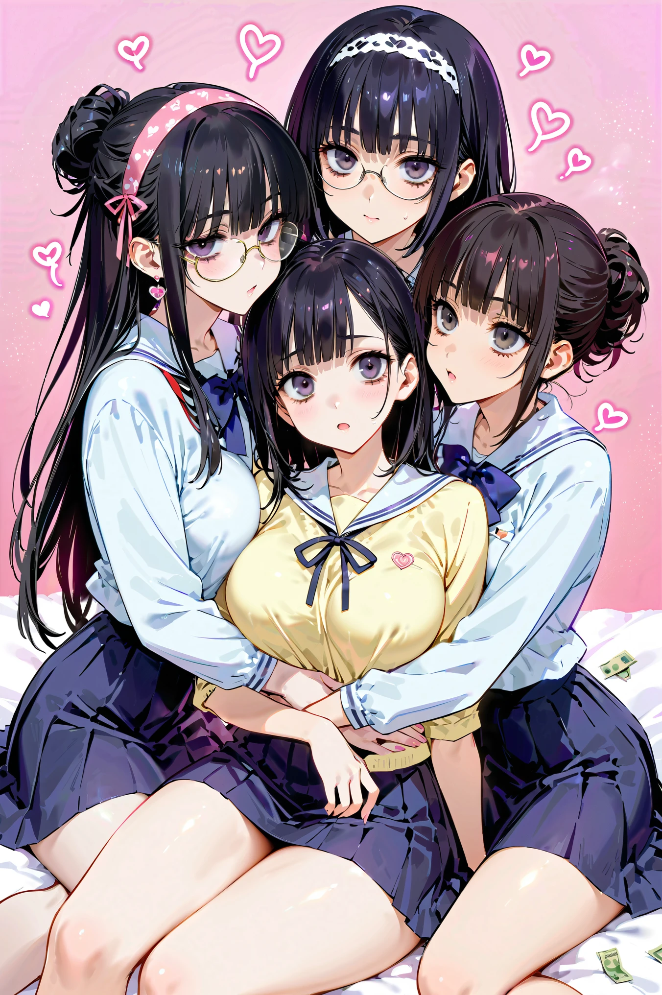 Super detailed, best quality, High resolution, Moe anime, ((((Three cute s with black hair and big round glasses hug each other.)))), (baby face), ((Big eyes:1.5, drooping eyes:1.2)), dark blue eyes, cute eyes, detailed eye description, brilliance of eyes, view audience, pale skin, ((())), NSFW, focus on the face, ((bust shot)), ((Transparent white sailor suit, Lower body is naked)), Nipples are showing through, In the classroom, Navel exposed, bare shoulders, Skirt-lift, Shirt-lift, ((small breasts)), sitting