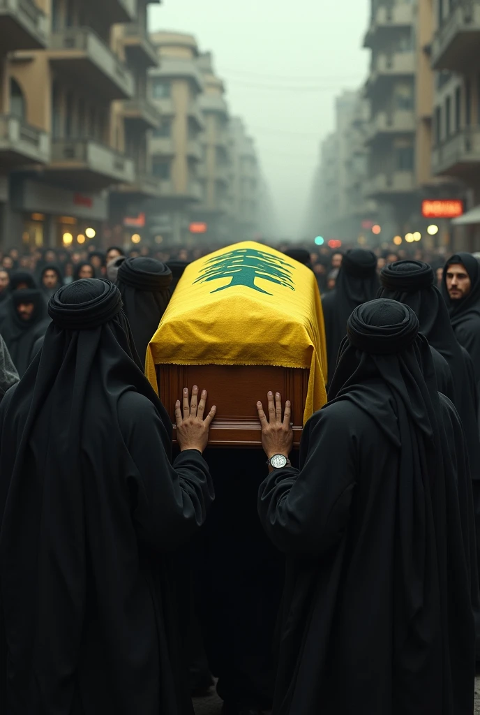 A powerful image from an old camera of a martyr’s funeral procession in Qom. The casket, draped in the Iranian flag, is carried by a sea of mourners, Iranian men and women in hijabs, their faces marked by grief and determination. The sky is overcast, with the crowd moving solemnly through the streets. The photograph’s slight graininess and muted tones reflect the somber mood and the time period.