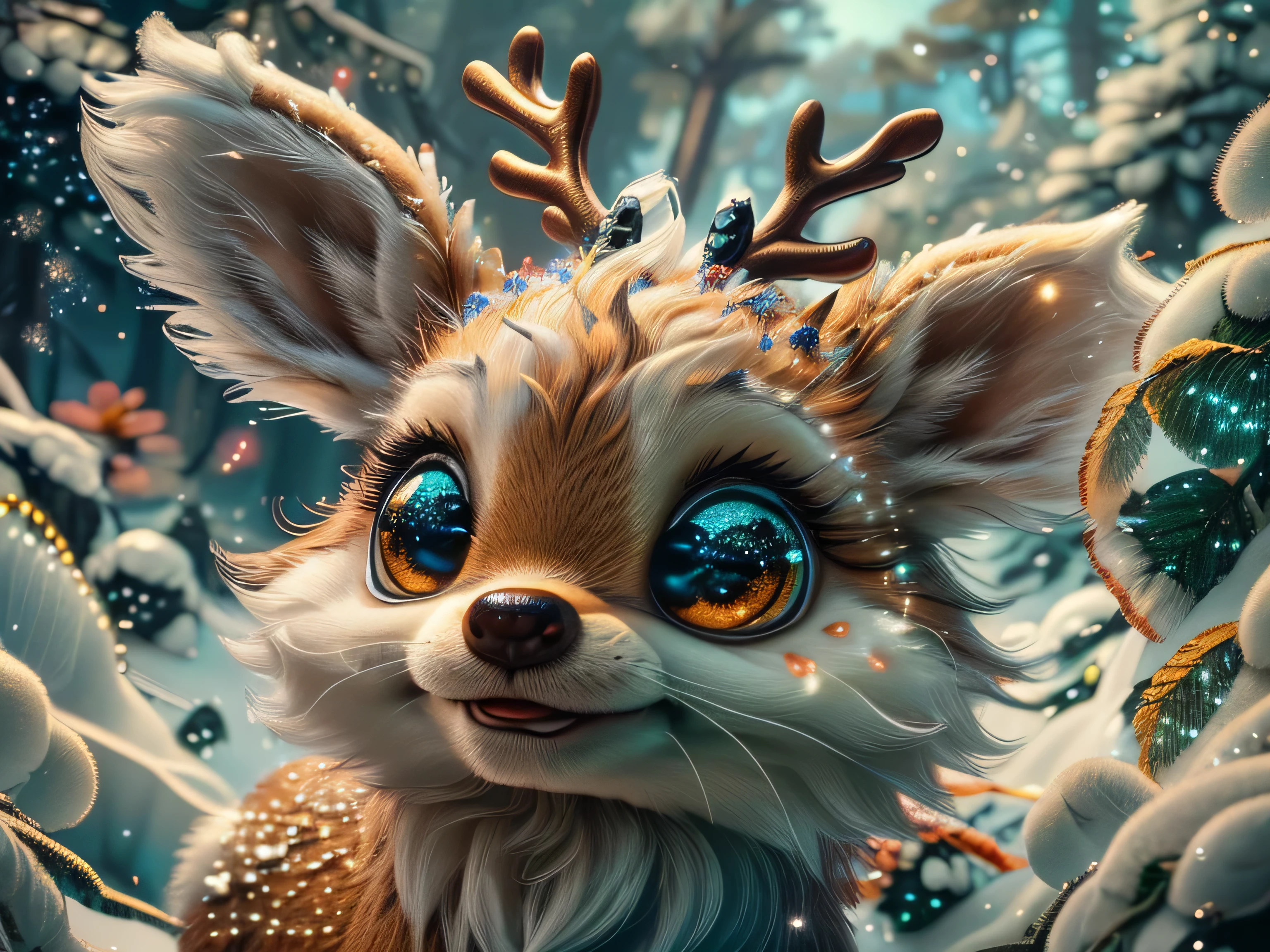 Magical Fantasy Creature, (Best Quality, Masterpiece, Representative Work, Official Art, Professional, Super Detailed, 8k:1.3), (Photorealism:1.2) Super Cute, Big Eyes, Soft, Soft Nose, Fluffy, Double-Toothed Smile, Aurorastyle, Highly detailed Dynamic shot of majestic adorable **** reindeer, high quality, beautiful masterpiece, fantasy creature, kawaii, digital art, glowing sparkles, Realistic, Beautiful, Stars in Eyes, Soft Volumetric Light, (Backlight:1.3), (Cinematic:1.2), Intricate Details, (ArtStation:1.3), --auto --s2