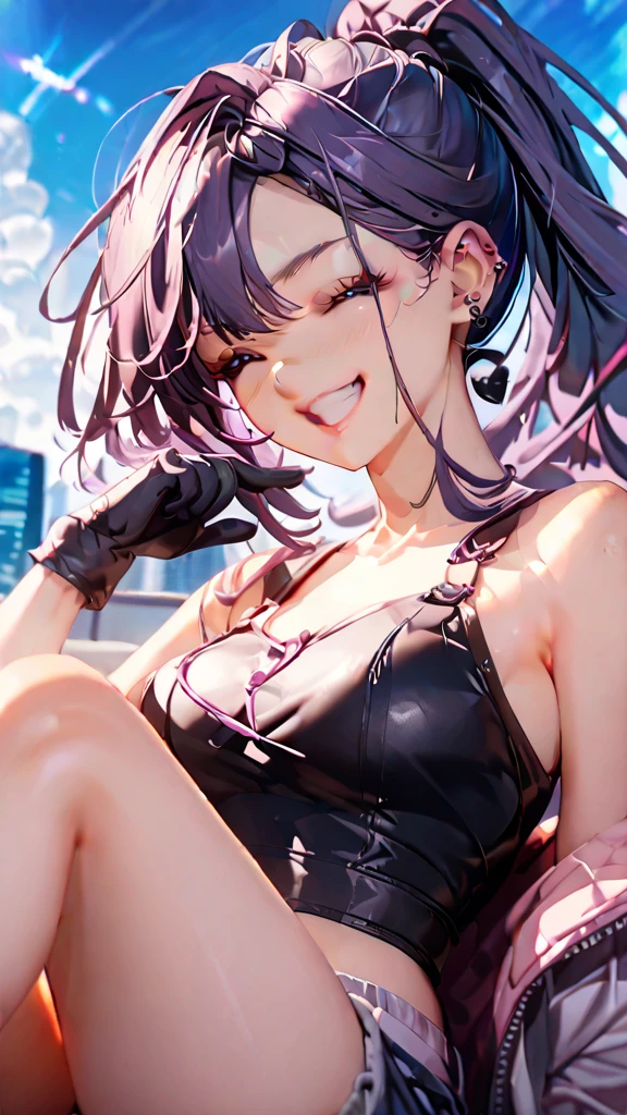 portrait, 1 girl, beautiful face, asymmetrical hair, multi-colored hair, belt, partial unzipped black halter swimsuit and showing clevage, navel, grey eyes, hip vent, cute,back turned, look at viewer, night city beach, neon, sitting on the beach, leaning