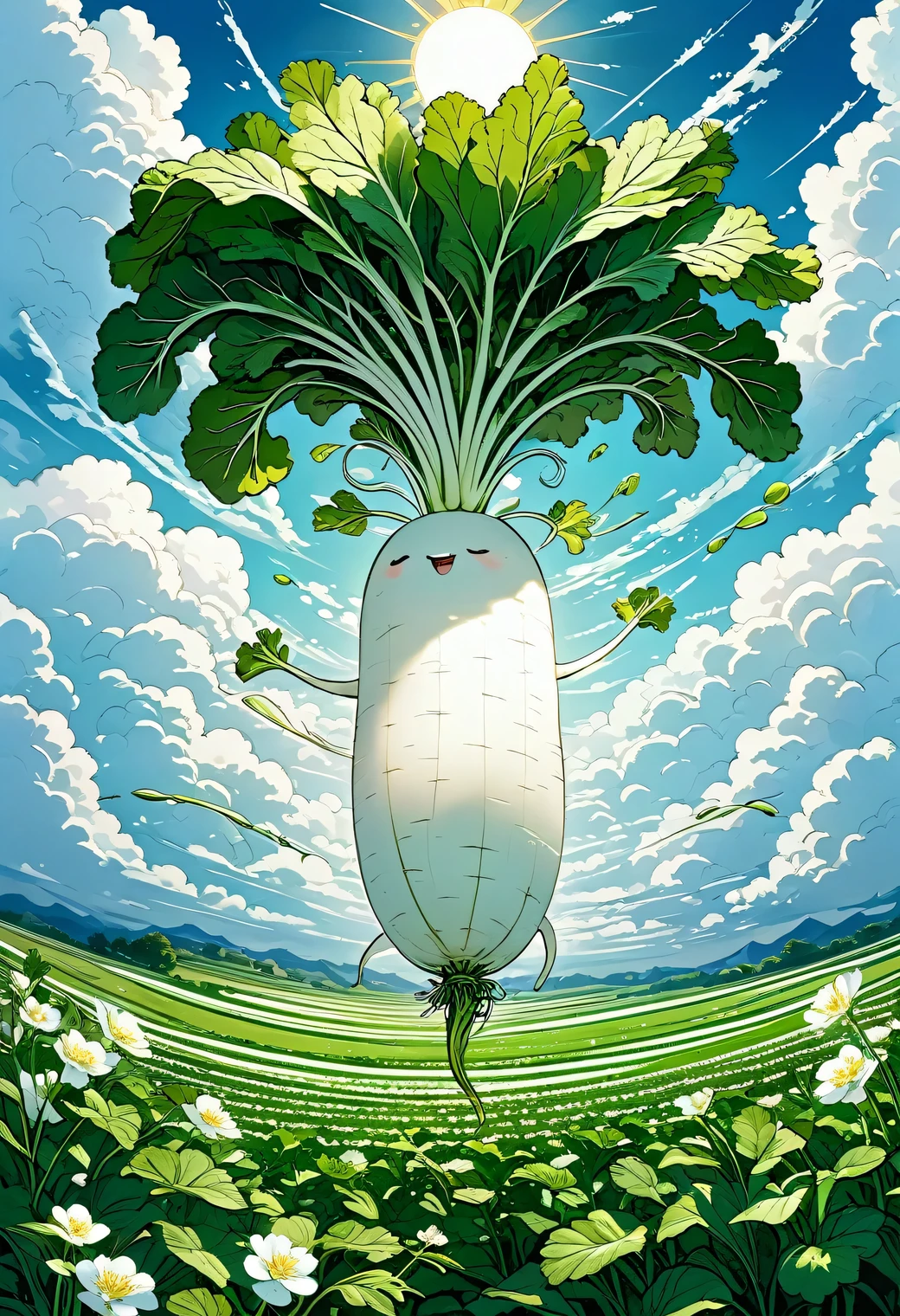 Masterpiece, best quality, intricate detailed, 
Illustration of Japanese white radish, digital art, long radish, happily spinning leaves in the air, helicopter wings made of leaves, leaves spinning to gain buoyancy, swirling clouds, sun, tranquil landscape below, flower field.