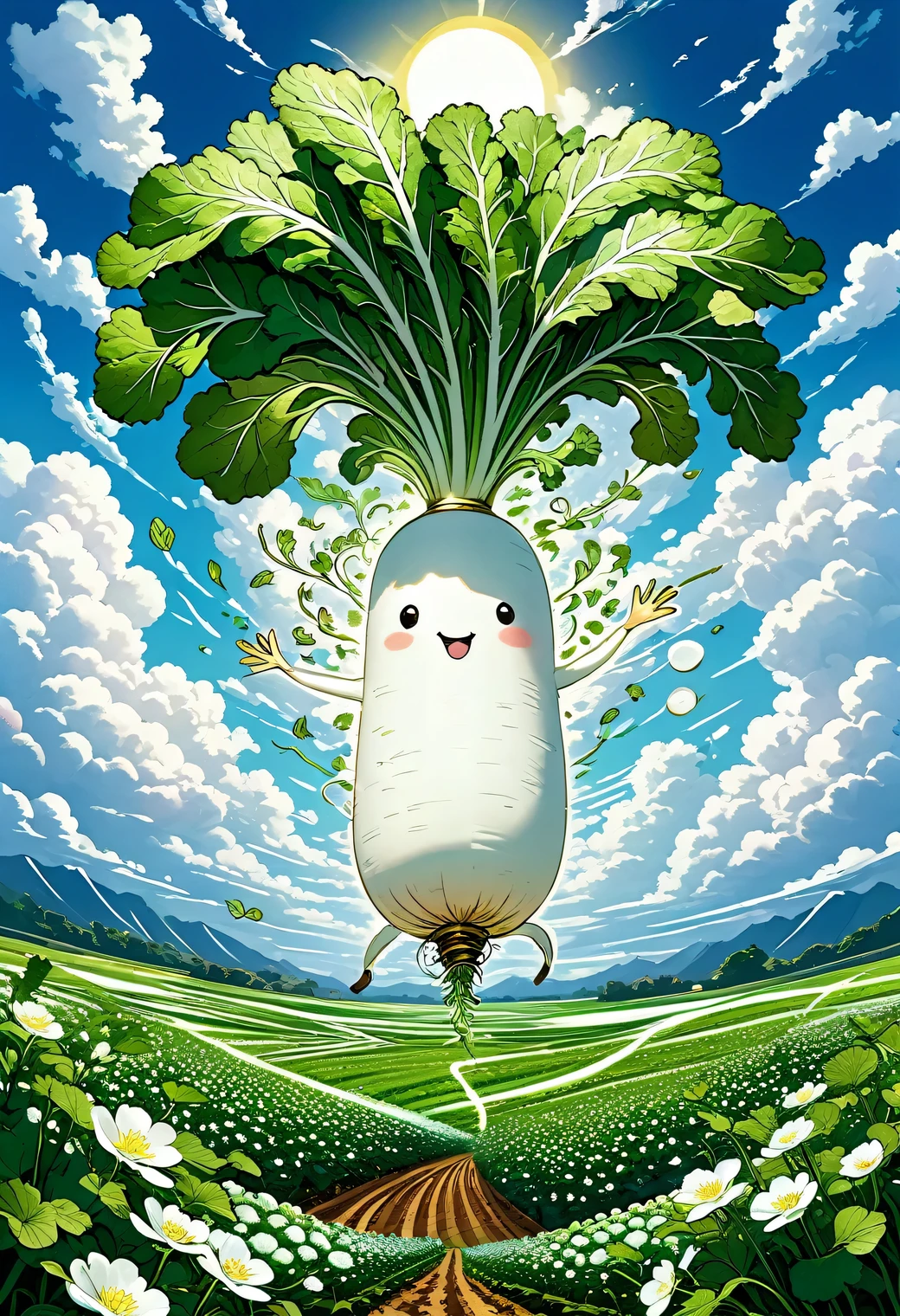 Masterpiece, best quality, intricate detailed, 
Illustration of Japanese white radish, digital art, long radish, happily spinning leaves in the air, helicopter wings made of leaves, leaves spinning to gain buoyancy, swirling clouds, sun, tranquil landscape below, flower field.