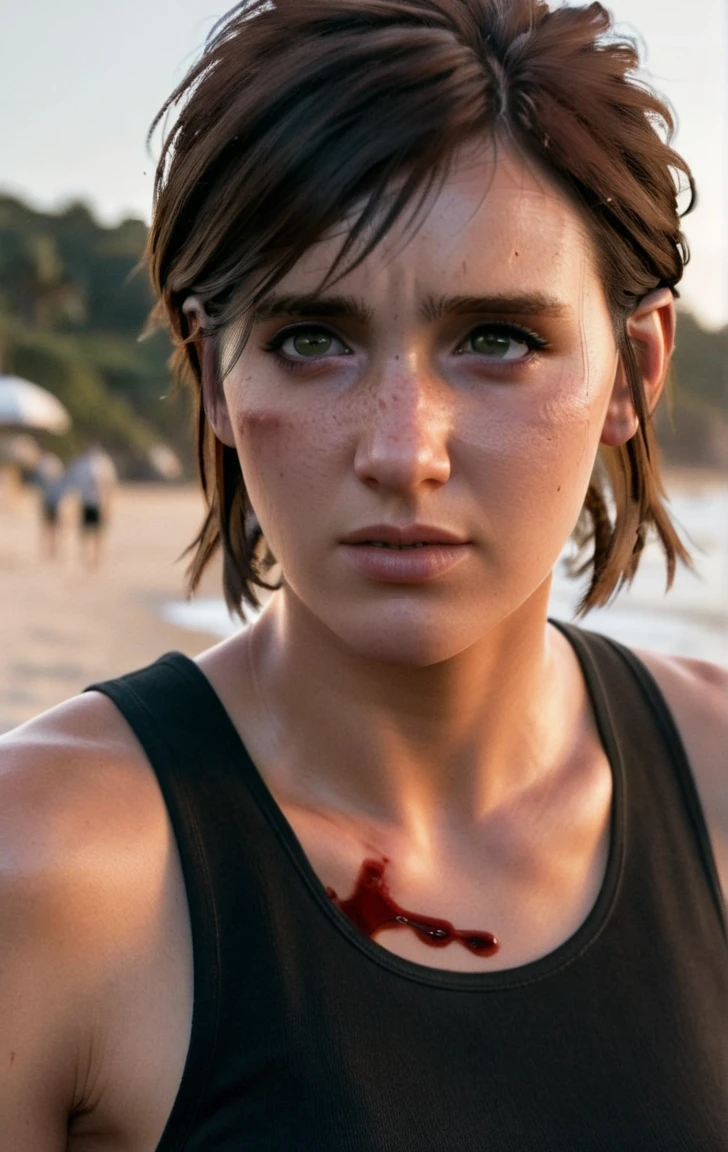 photo of ohxw, ellie, tattoo on left arm, woman, black jeans, close up, , short length hair, face details, low key lighting, blood on her face. Sexy face. Ribbed Tank top black .at the beach
