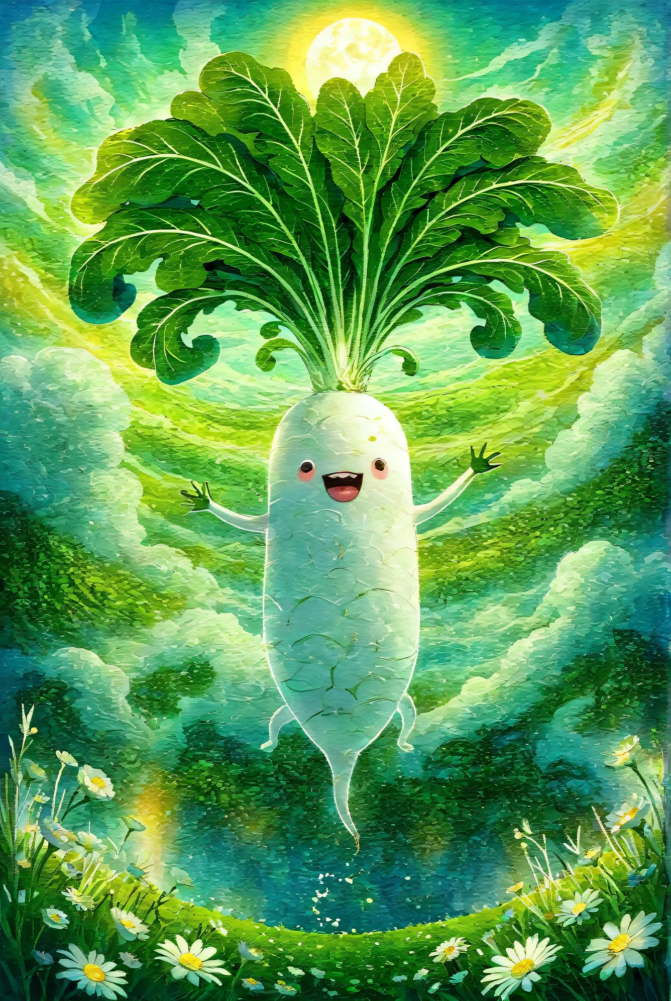 Masterpiece, best quality, intricate detailed, 
Illustration of Japanese white radish, digital art, long radish, happily spinning leaves in the air, helicopter wings made of leaves, leaves spinning to gain buoyancy, swirling clouds, sun, tranquil landscape below, flower field.