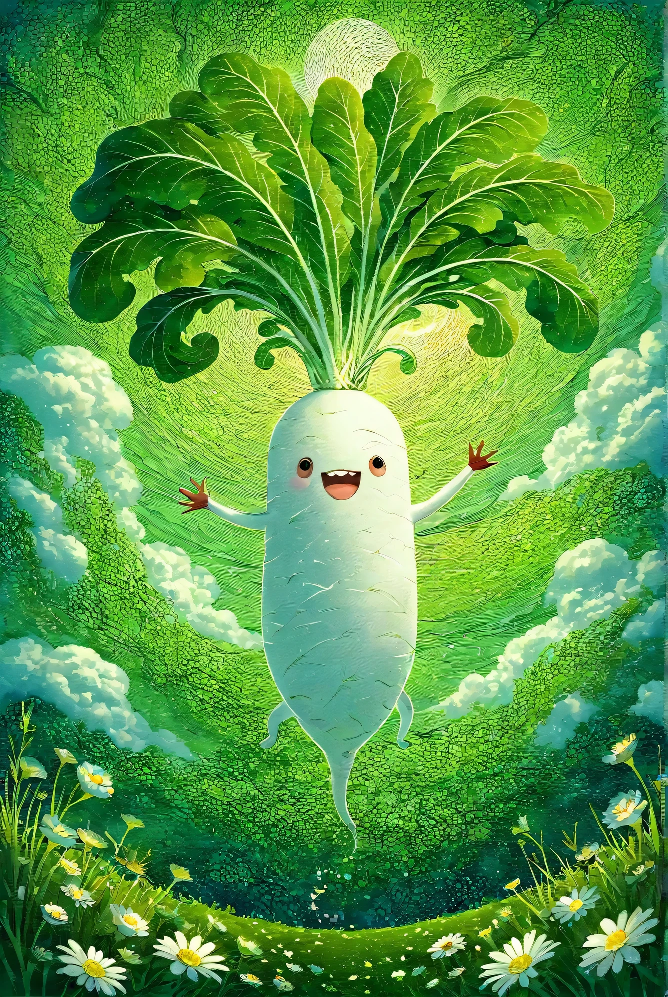 Masterpiece, best quality, intricate detailed, 
Illustration of Japanese white radish, digital art, long radish, happily spinning leaves in the air, helicopter wings made of leaves, leaves spinning to gain buoyancy, swirling clouds, sun, tranquil landscape below, flower field.