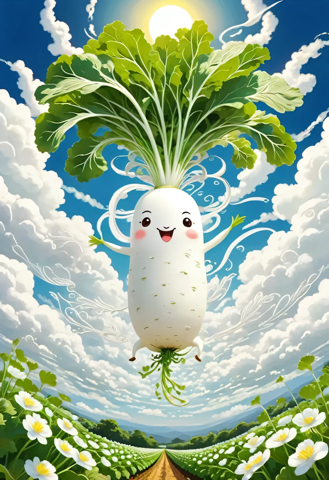 Masterpiece, best quality, intricate detailed, 
Illustration of Japanese white radish, digital art, long radish, happily spinning leaves in the air, helicopter wings made of leaves, leaves spinning to gain buoyancy, swirling clouds, sun, tranquil landscape below, flower field.