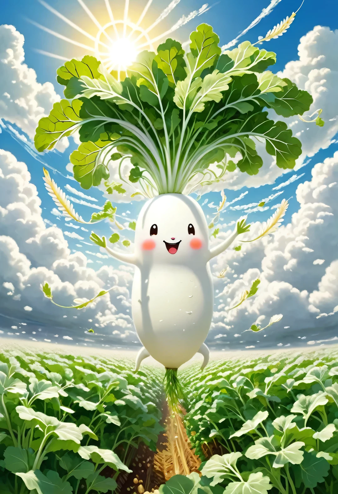 Masterpiece, best quality, intricate detailed, 
Illustration of Japanese white radish, digital art, long radish, happily spinning leaves in the air, helicopter wings made of leaves, leaves spinning to gain buoyancy, swirling clouds, sun, tranquil landscape below, flower field.