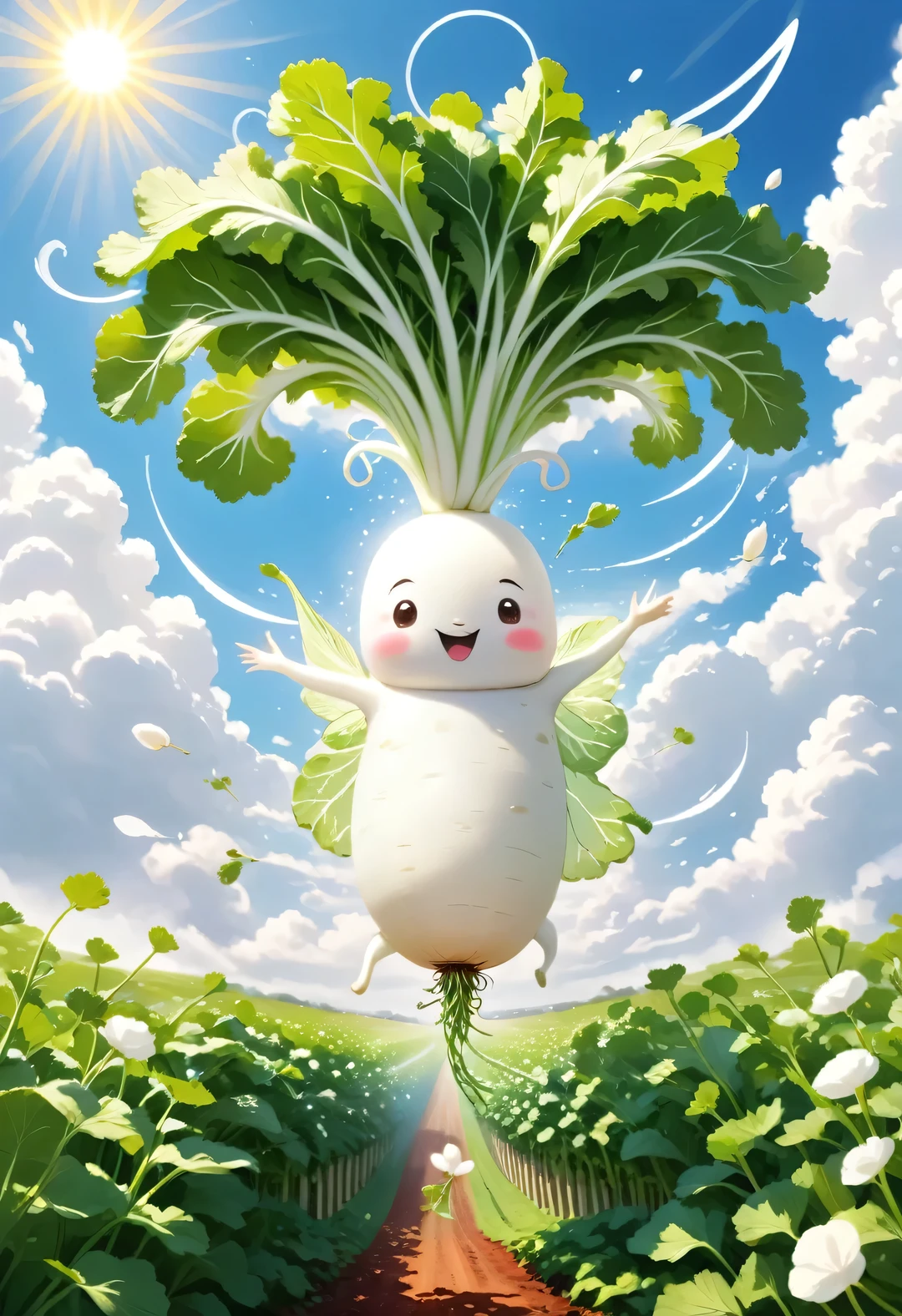 Masterpiece, best quality, intricate detailed, 
Illustration of Japanese white radish, digital art, long radish, happily spinning leaves in the air, helicopter wings made of leaves, leaves spinning to gain buoyancy, swirling clouds, sun, tranquil landscape below, flower field.