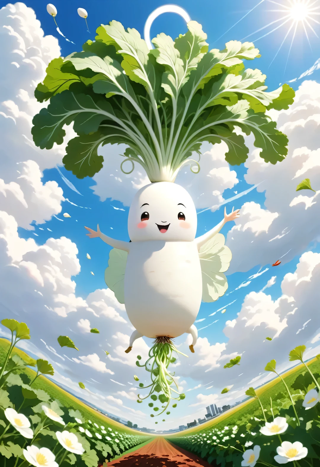 Masterpiece, best quality, intricate detailed, 
Illustration of Japanese white radish, digital art, long radish, happily spinning leaves in the air, helicopter wings made of leaves, leaves spinning to gain buoyancy, swirling clouds, sun, tranquil landscape below, flower field.