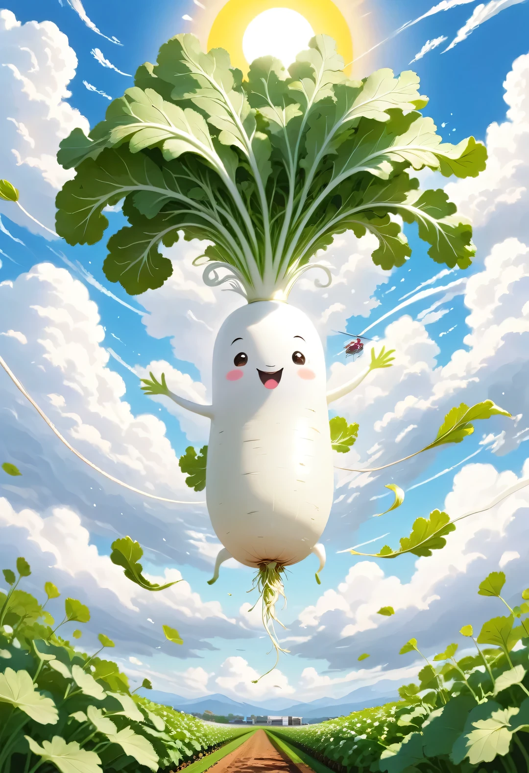 Masterpiece, best quality, intricate detailed, 
Illustration of Japanese white radish, digital art, long radish, happily spinning leaves in the air, helicopter wings made of leaves, leaves spinning to gain buoyancy, swirling clouds, sun, tranquil landscape below, flower field.