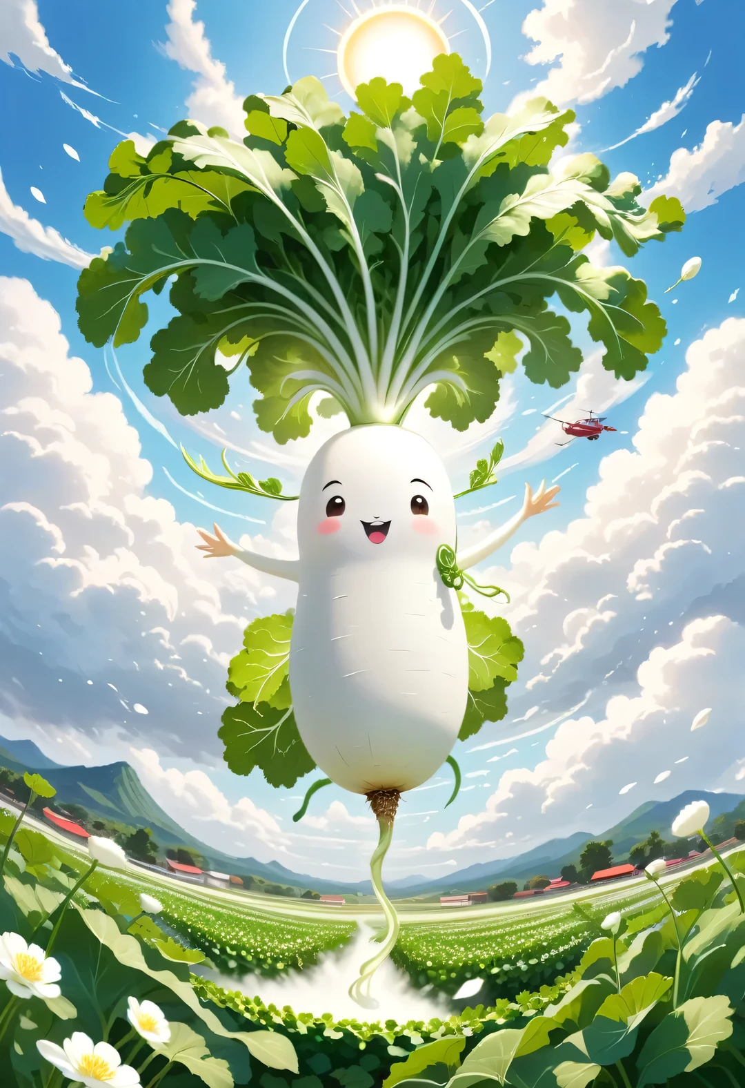 Masterpiece, best quality, intricate detailed, 
Illustration of Japanese white radish, digital art, long radish, happily spinning leaves in the air, helicopter wings made of leaves, leaves spinning to gain buoyancy, swirling clouds, sun, tranquil landscape below, flower field.