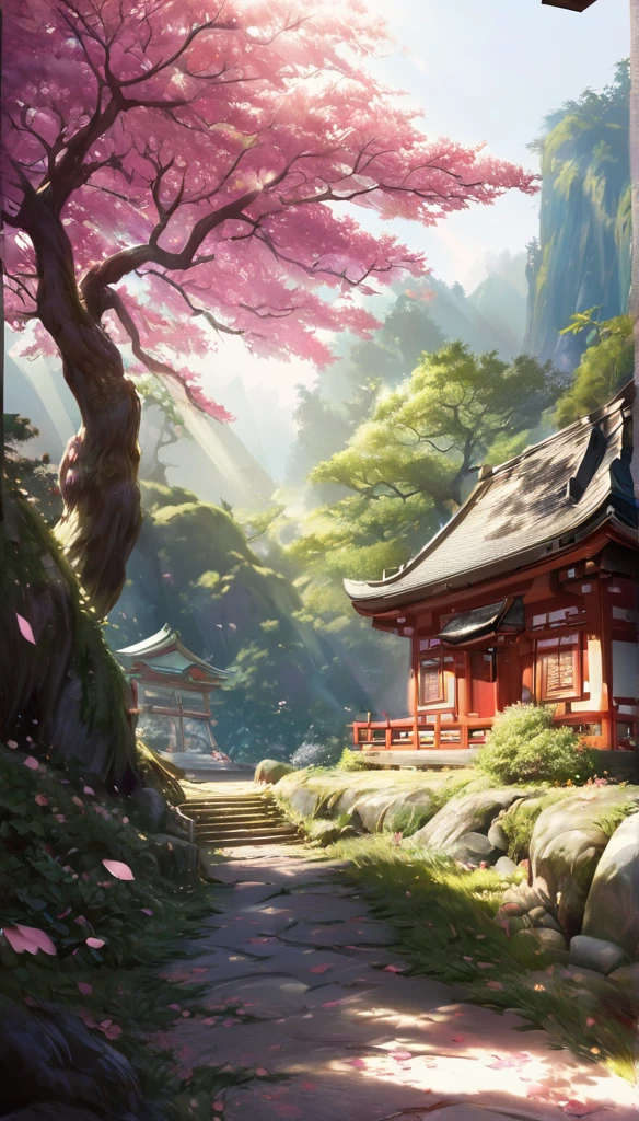 detailed jinja shrine, cheery blossom forest, white tone lighting, no character, high quality, 8k, realistic, detailed landscape, natural scenery, serene atmosphere, beautiful sakura trees, tranquil forest, sunlight filtering through leaves, detailed foliage, photorealistic render, studio lighting, vibrant colors, lush sakura, peaceful ambience, cinematic composition