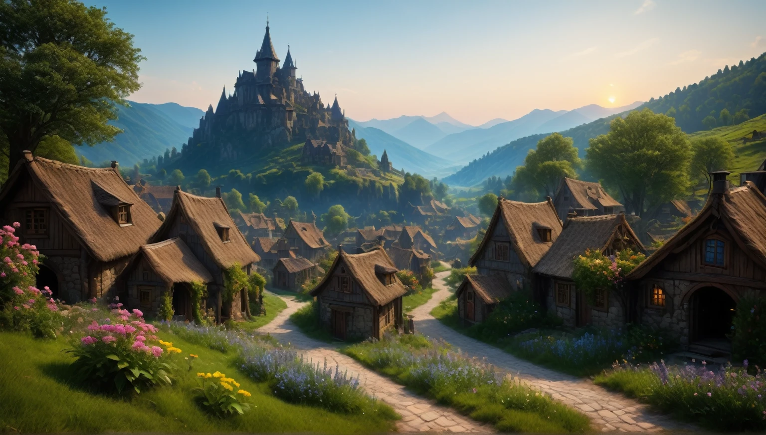 ((masterpiece,  hyperrealistic ,32K, Extremely detailed Unity 8k computer graphics,  best quality, Realistic face, One, Canon50,  photorealistic, concept art,  intricate details , Very detailed, octane render, Unreal Engine,  fantastic art )) landscape, (medieval dwarven Village in background:1.2), Village on the meadow, lavender flowers growing on the meadow, (small Village:1.5), mountains in the distance, Sally Mann, HDR, (masterpiece:1.3),  at the steampunk world fair , Village, analog, , (masterpiece:1.2), Athletic face, blue butterfly, sky,  Vincent Calebo , (low key), ArtStation, The film is grainy,   representative  ,  depth of field, (Antonio Moro), color,  Soft Lighting ,  side view:1, by Greg Rutkowski, ((medieval Village:1.5)), ((meadow:1.5), vikingpunkai Village:0.2, (The majestic mountain :1.5), ((flowers:1.5)) ((Dawn:2)),  fire shines through the window 