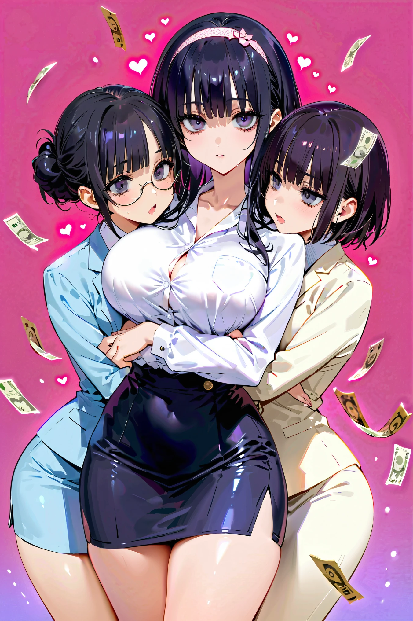 Group photo、3 mature women hugging and kissing、office lady costume in pastel colors、Dancing、Pink bedroom、
large breasts、((bags under eyes、Jet Black Eyes))、hair over eyes, detailed hairband, (( chignon hair))、Round Glasses, black hair, cowboy shot, thick thighs 、 simple light background 、 heart mark in the eye, (tears、 drool 、 open your mouth、 No Emotion、 Hollow Eyes:1.2)、(glistening skin), (oily skin), (shiny skin),(half closed eyes), rough breathing sound 、Scream lines、 heart mark in the eye, (tears、 drool 、 open your mouth、 Hollow Eyes:1.2)、(( A production where the body is shaking violently))、
(((A large number of banknotes dancing in the air))),